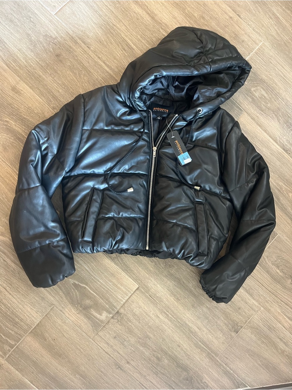 Ambiance Black Faux Leather Hooded Cropped Puffer